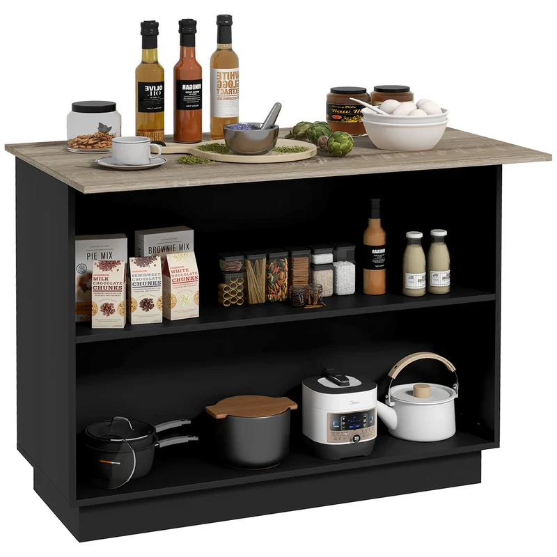 Keuken Zijtafel – Extra Werkruimte – Keukentafel – Opbergmeubel – Praktische Zijtafel – Push-To-Open Deuren - 105 x 60 x 82 cm - Zwart en Eiken