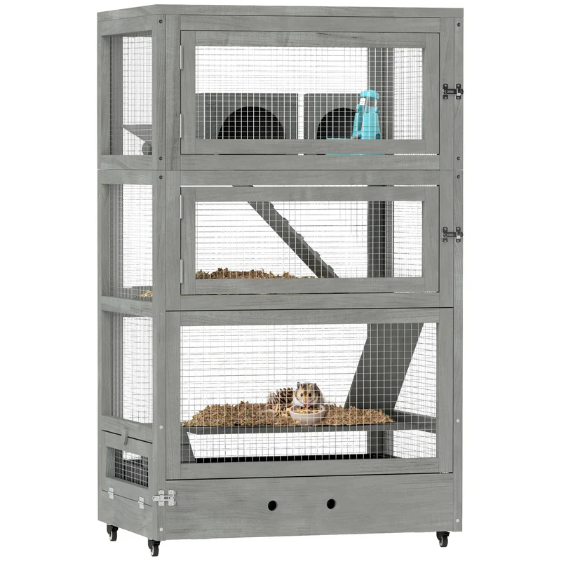 Hamsterkooi – Knaagdierkooi – Houten Kooi – Kleine Dieren Kooi – Vier Verdiepingen – Zandbak 9,5 Cm – Wieltjes Met Remmen - 65 x 45 x 109 cm - Grijs