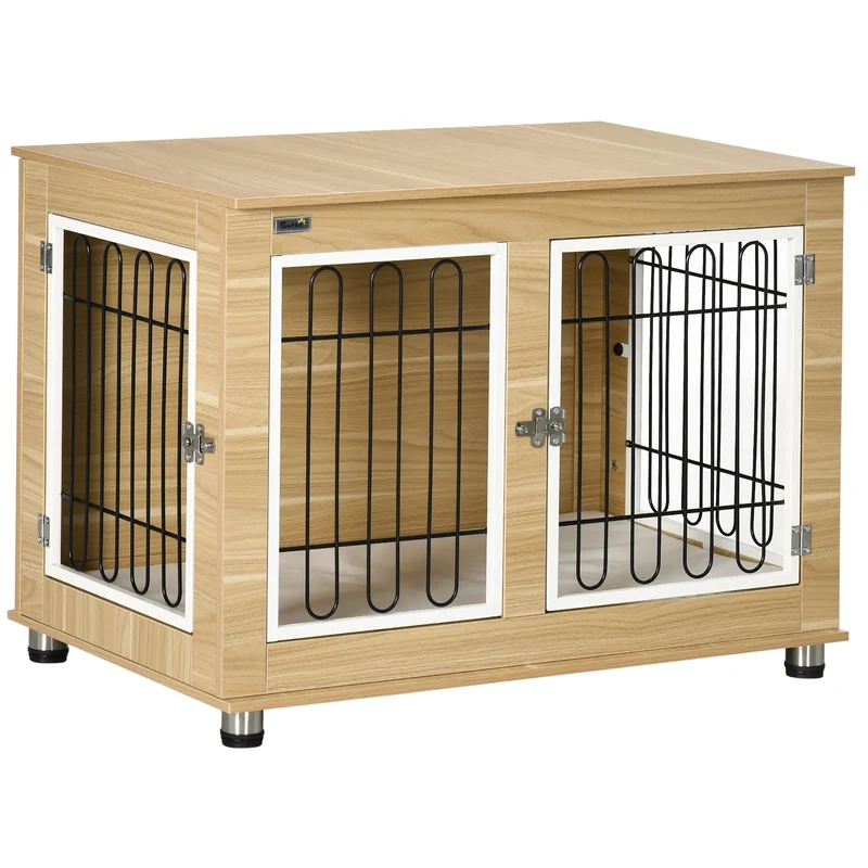 Hondenbench – Hondenkooi – Hondenhok – Huisdier Bench – Middelgrote Honden Tot 25 Kg – Verstelbare Poten – Comfortabel Wasbaar Kussen - 90 x 58 x 65 cm - Eik