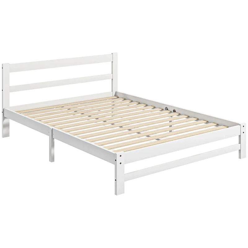 Houten Bedframe – Stevig Bed – Slaapkamer Bed – Robuust Bed – 140x195 Cm – Draagvermogen 300 Kg – Witte Afwerking