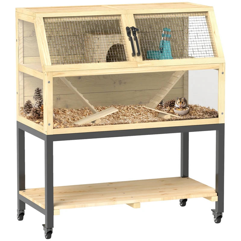 Houten Dierenkooi – Hamsterkooi – Knaagdierkooi – Kleine Huisdierkooi – Ruime Kooi Met Twee Verdiepingen – Vier Wieltjes – Opbergruimte - 87 x 43 x 101 cm - Geel
