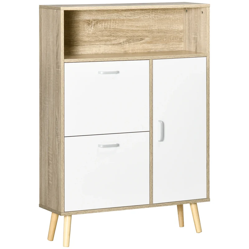 Schoenenkast – Schoenenrek – Schoenenopberger – Schoenenmeubel – Opbergruimte Voor 8 Paar – Verstelbare Lades - 80 x 25.5 x 112.5 cm - Wit & Natuurlijk Hout