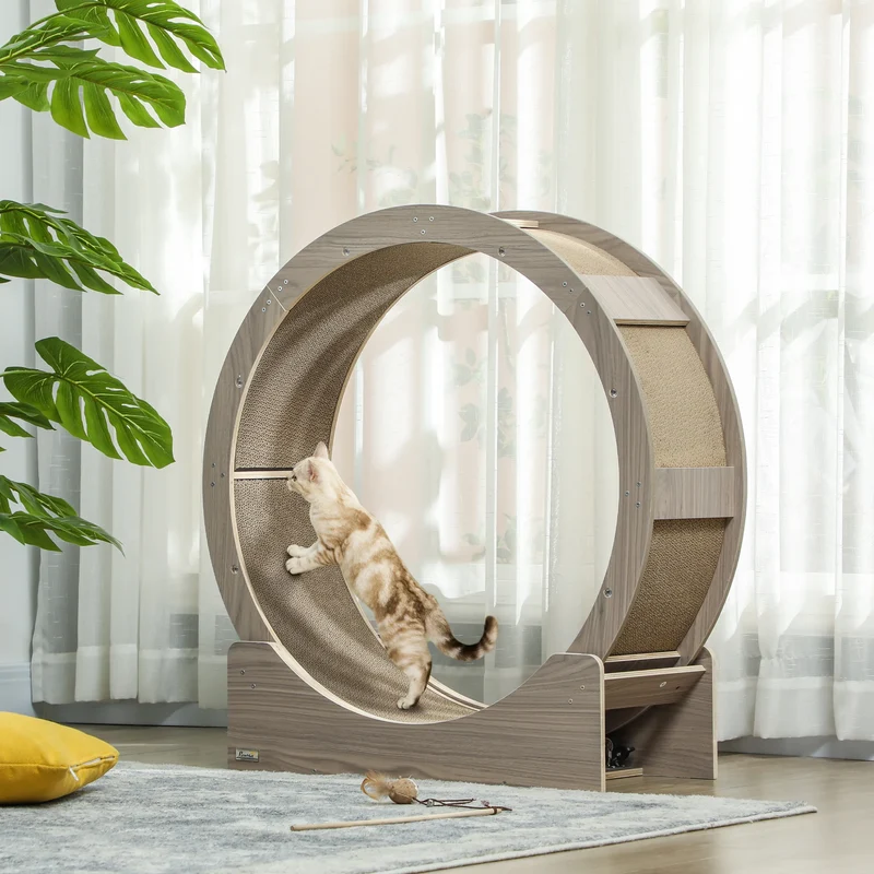 Kattenloopwiel – Kattenrad – Kat Fitness – Cat Wheel – Geschikt Voor Katten Tot 5 Kg – Duurzaam Houten Materiaal – Vervangbaar Krabmatje - 91 x 33.5 x 91 cm - Walnoot