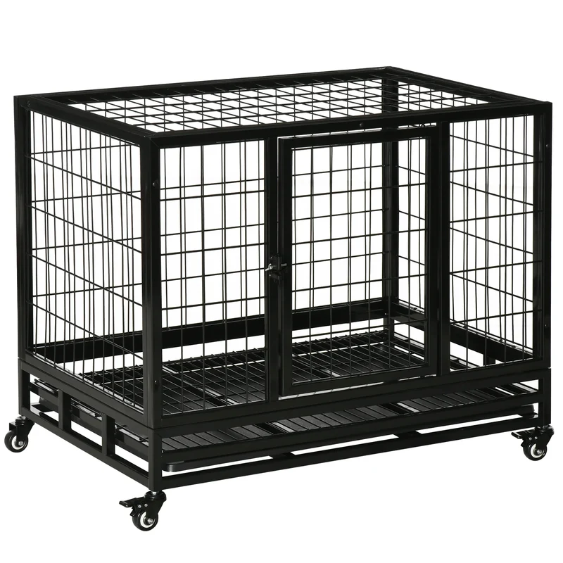 Hondenbench – Metalen Bench – Hondenkooi – Hondenhok – Robuust Gepoedercoat Staal – Max 50 Kg – Met Wieltjes - 92 x 62 x 75cm - Zwart