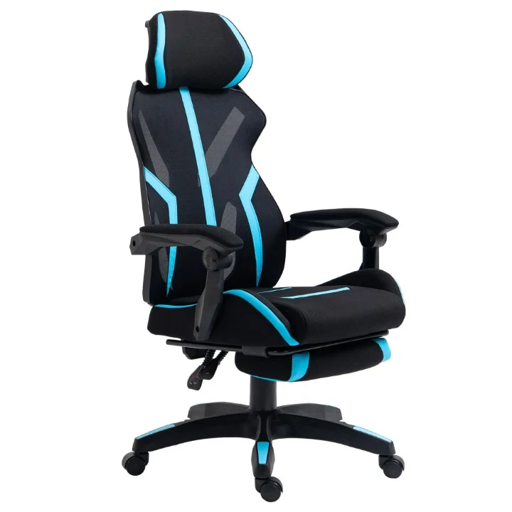 Ergonomische Bureaustoel – Bureaustoel – Kantoorstoel – Werkstoel – Gamingstoel – Verstelbare Rugleuning – Uittrekbare Voetensteun - 65 x 65x 119-129 cm - Zwart & Blauw