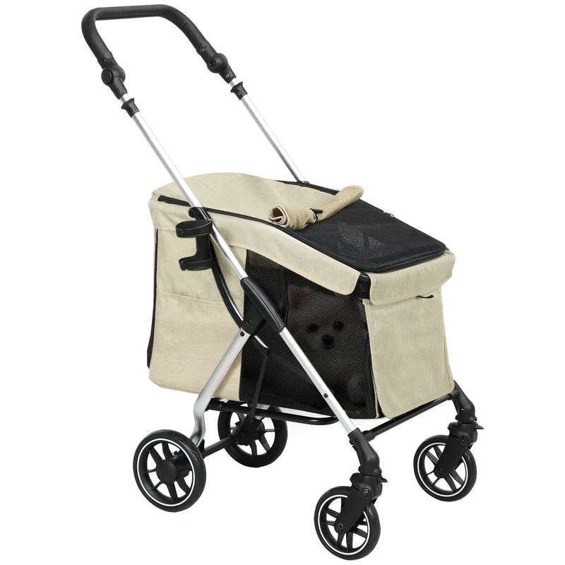 Wandelwagen - Voor Kleine Honden – Hondenbuggy – Hondenkar – Huisdierwagen – Lichtgewicht Aluminium Frame – Opvouwbaar – Wasbaar Kussen - 80 x 48.5 x 106 cm - Khaki
