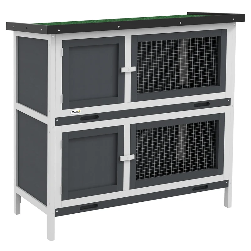 Dierenren – Konijnenhok – Caviakooi – Huisdierenverblijf – 2-Laags – Weerbestendig Dak – Eenvoudig Schoon Te Maken - 97 x 44 x 91 cm - Grijs