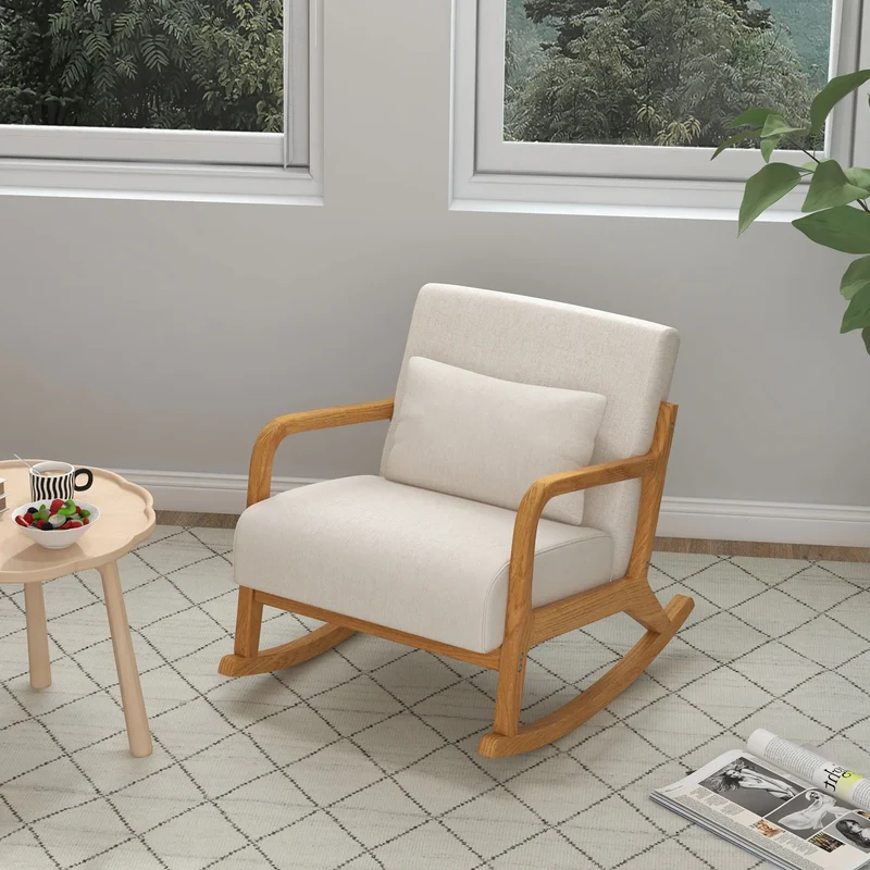 Relaxfauteuil – Relaxstoel – Schommelstoel – Wiegstoel – Linnen Stof – Ergonomische Ondersteuning – Houten Basis