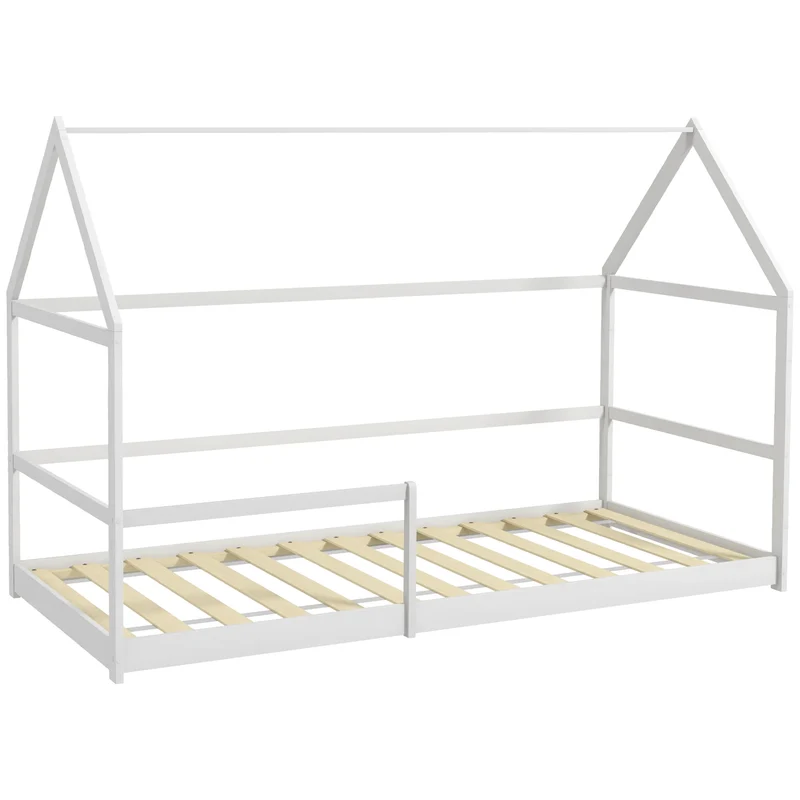Kinderbed – Huisvormig Bed – Speels Bed – Kinderbed Met Spijlen – Laag Instap Bed – Massief Dennenhout – Geschikt Voor Matras 190x90 cm