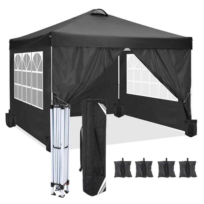 Vouwtent – Overkapping – Partytent – Schaduwdoek – Buitenpaviljoen – Waterdicht 210D Oxford – Inclusief Zijwanden Met Ramen - 3x3m - Zwart
