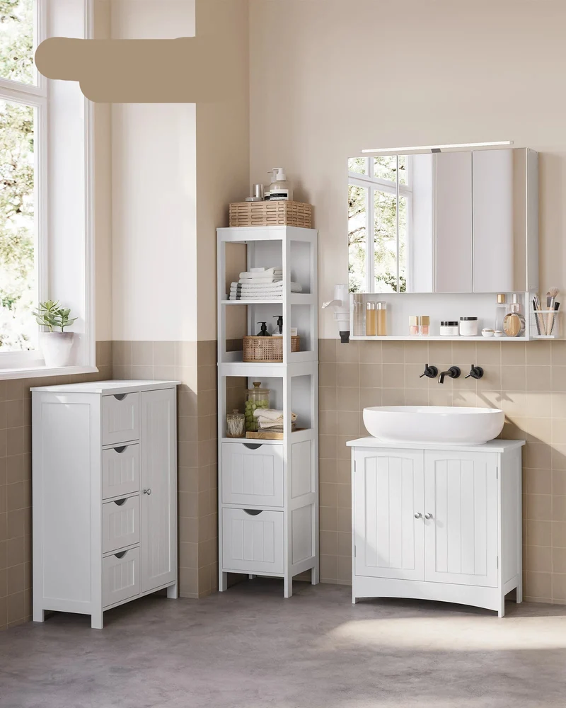 Badkamermeubelset – Badkamerkast – Opbergmeubel – Spiegelkast – Föhnhouder – Waterbestendig MDF – Kantelbeveiliging