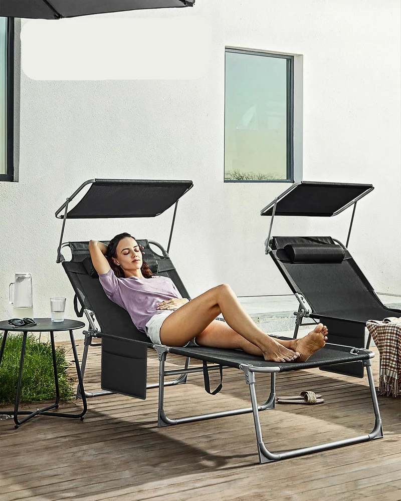 Zonnebed – Ligstoel – Tuinbed – Strandbed – Inklapbaar – Verstelbare Parasol – Gepoedercoat Staal