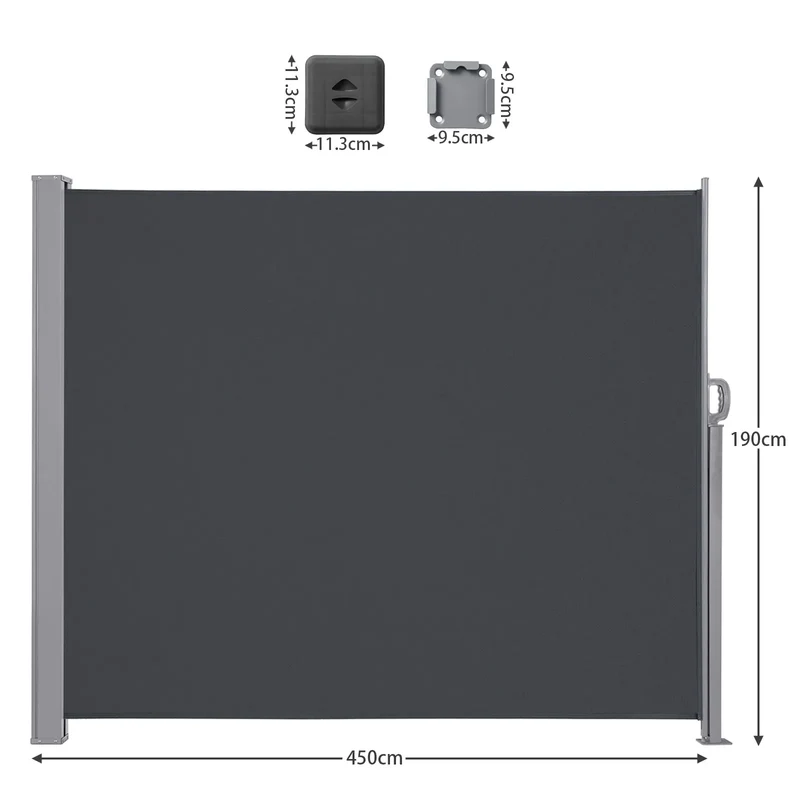 Uitschuifbaar Zijscherm – Balkonscherm – Windscherm – Privacy Scherm – Waterafstotend Doek – Robuust Metalen Frame - 190x450cm - Grijs