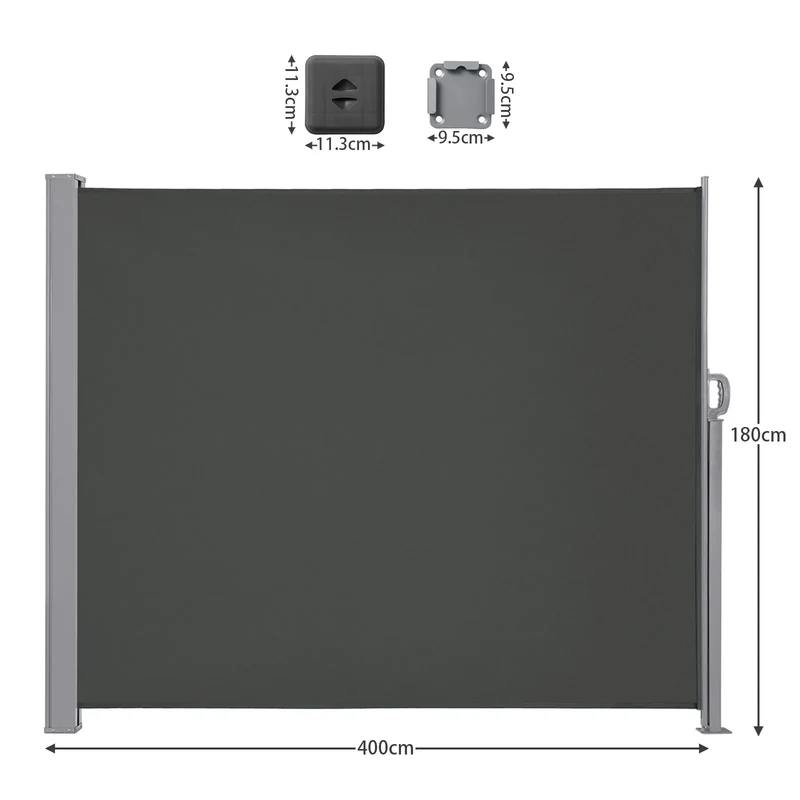 Uitschuifbaar Zijscherm – Balkon Scherm – Privacy Scherm – Windscherm – Zonwering – Waterafstotend Polyester – Robuust Metalen Frame - 180x400cm - Grijs