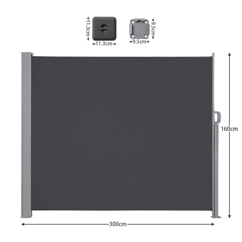 Uitschuifbaar Zijscherm – Balkonscherm – Tuinscherm – Windscherm – Privacywand – Waterbestendig Doek – Robuust Metalen Frame - 160x300cm - Grijs