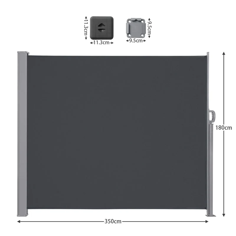 Uitschuifbaar Zijscherm – Balkonwand – Windscherm – Schaduwdoek – Privacywand – Waterafstotend Polyester – Roestvrij Stalen Frame - 180x350cm - Grijs