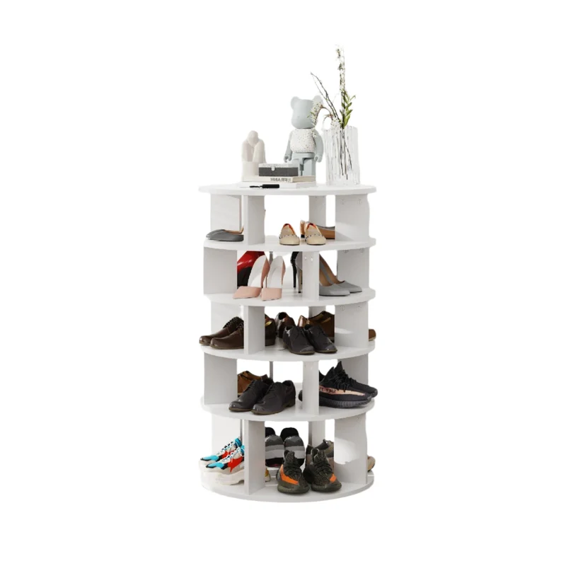 Draaibare Schoenenkast – Schoenenrek – Schoenendisplay – Schoenopberger – Organizer – 360° Draaibaar – Vijf Vakken – Stevig Hout - 60 x 60 91 cm - Wit