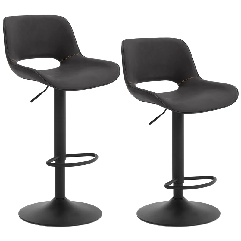 Barkrukken – Set van 2 - Barstoel – Keuken Kruk – Verstelbaar – Vintage Kunstleer – Metalen Frame - Antraciet