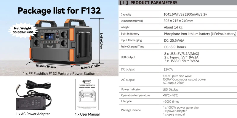 FF Flashfish F132 Lifepo4 Solar Generator 1000W Portable Power Station 1041.6Wh LEP Power Bank Battery USB Type-C AC for Home
