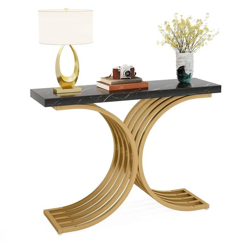 Sidetable – Haltafel – Bijzettafel – Smalle Tafel – Neoklassiek Design – Massief Houten Blad – Metalen Frame