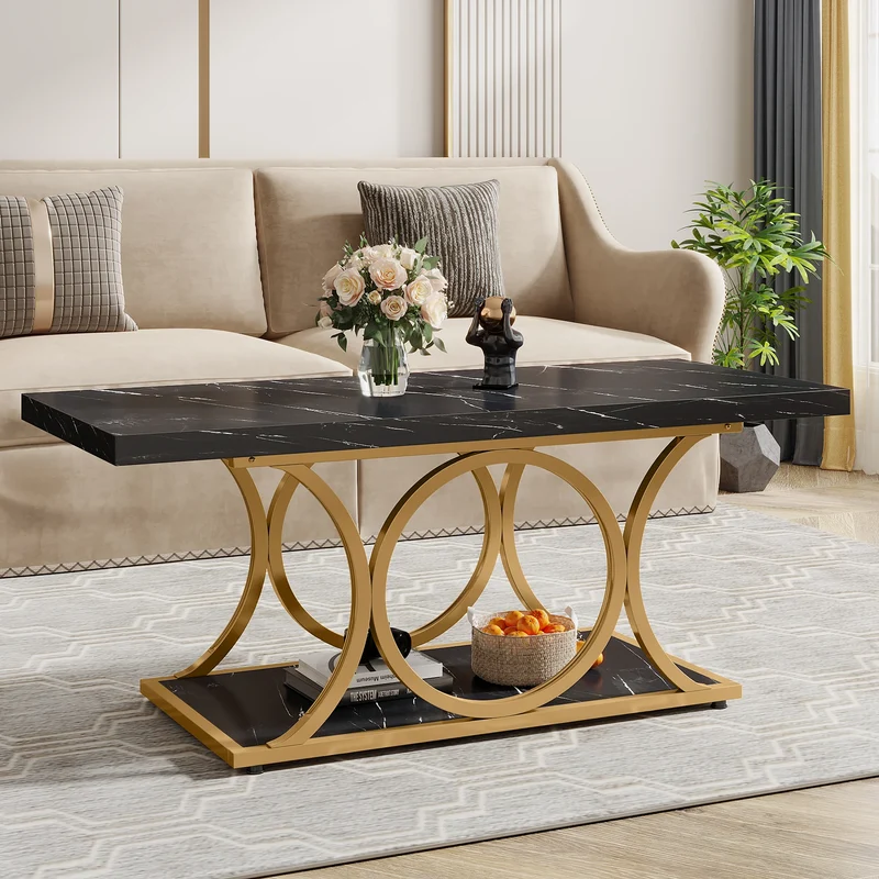 Salontafel – Woonkamertafel – Tafel – 2-laags – Marmeren Look – Gouden Metalen Frame – Krasbestendig Melamine