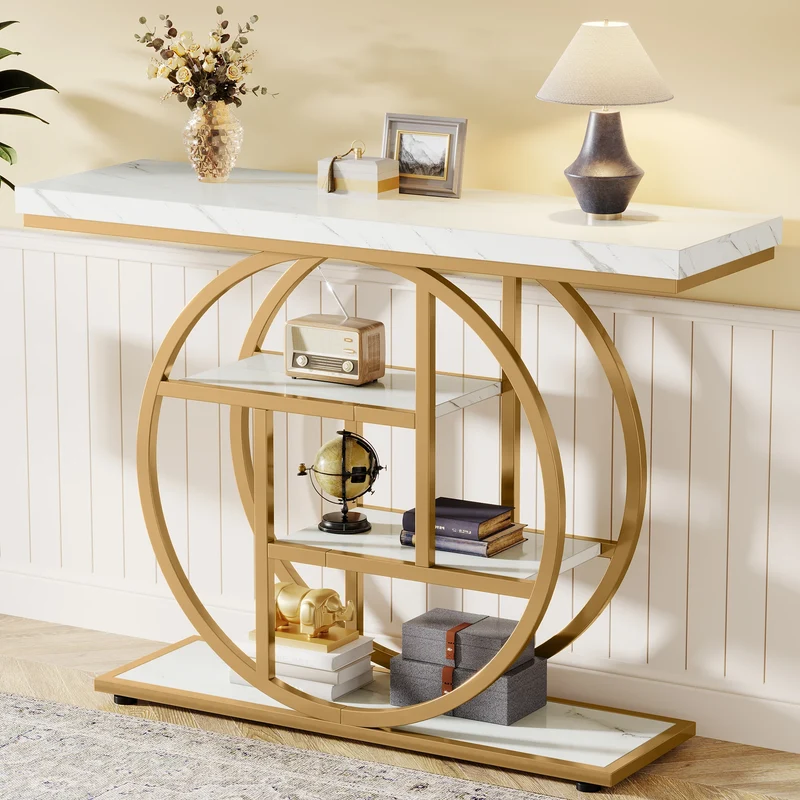 Console Tafel – Haltafel – Sofa Tafel – Entree Tafel – Houten Tafel – Krasbestendig Marmerlook – Verstelbare Pootjes