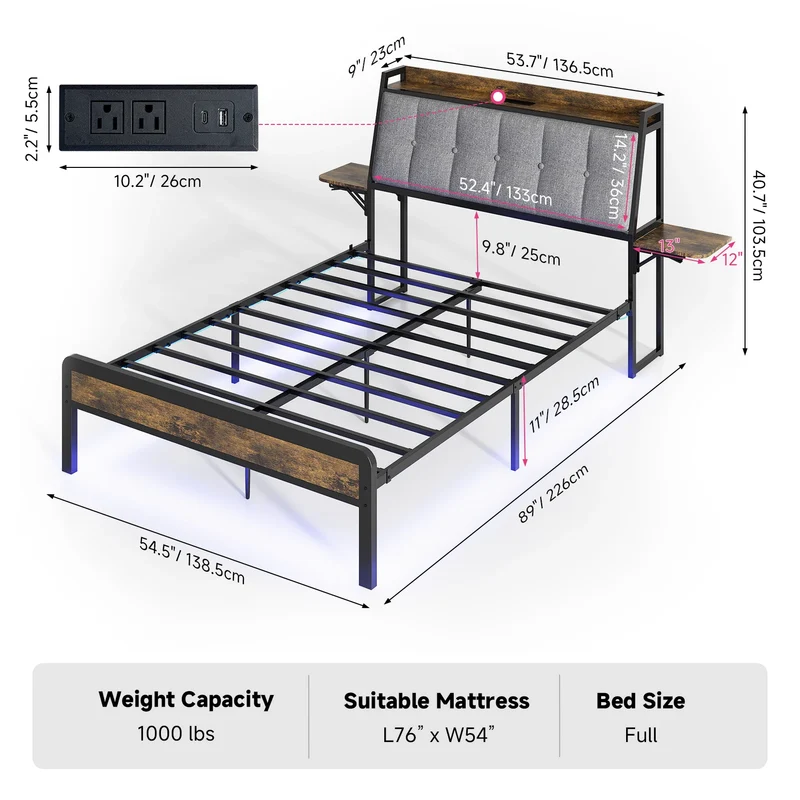 Bedframe – Slim Bed – Opbergbed – Bed Met Opbergruimte – Met Oplaadstation – RGB LED-Strip – Robuust Houten Frame