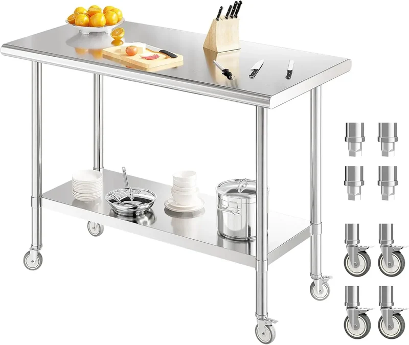 Werktafel – RVS Werkbank – Roestvrijstalen Tafel – Verstelbare Onderplank – Zwenkwielen Met Rem – Duurzaam – Makkelijk Schoon Te Maken