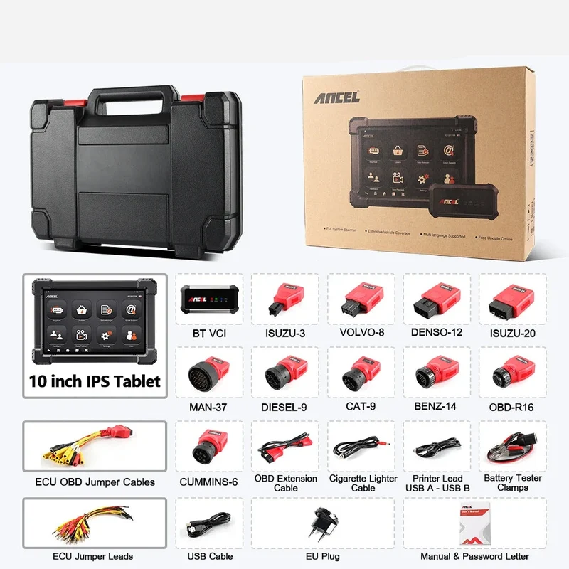 Professionele OBD2 Diagnosetool – Truck Scanner – Auto Diagnostiek – Zware Voertuig Scanner – Bluetooth Connectiviteit – 10,1 Inch Touchscreen – 6000 mAh Batterij