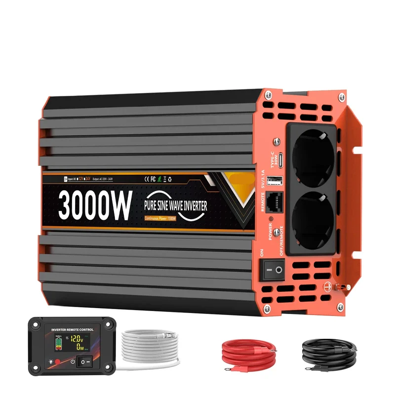 Omvormer – Spanningsomzetter – Stroomomzetter – Converter – Zuivere Sinusgolf – 3000W Continu Vermogen – Aluminium Behuizing - 12V