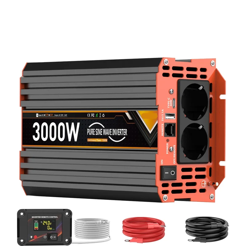 Omvormer – Stroomomzetter – Inverter – Spanningsomvormer – 24V - 3000W – Pure Sinusgolf Output