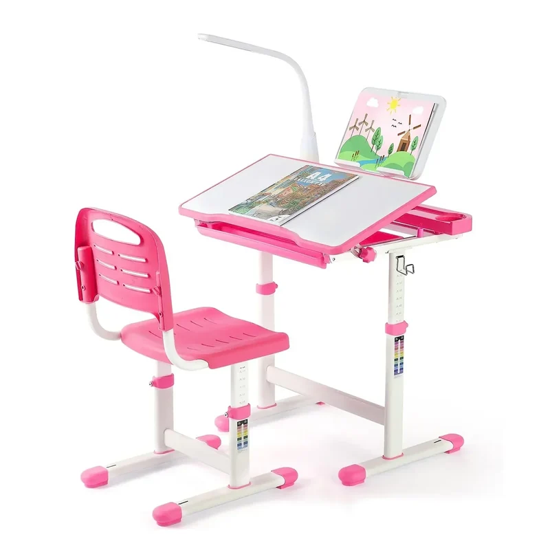 Ergonomisch Kinderbureau – Kinderbureau Met Stoel – Verstelbaar Bureau – LED Leeslamp – Kantelbaar Tafelblad – Met Opberglade - Roze