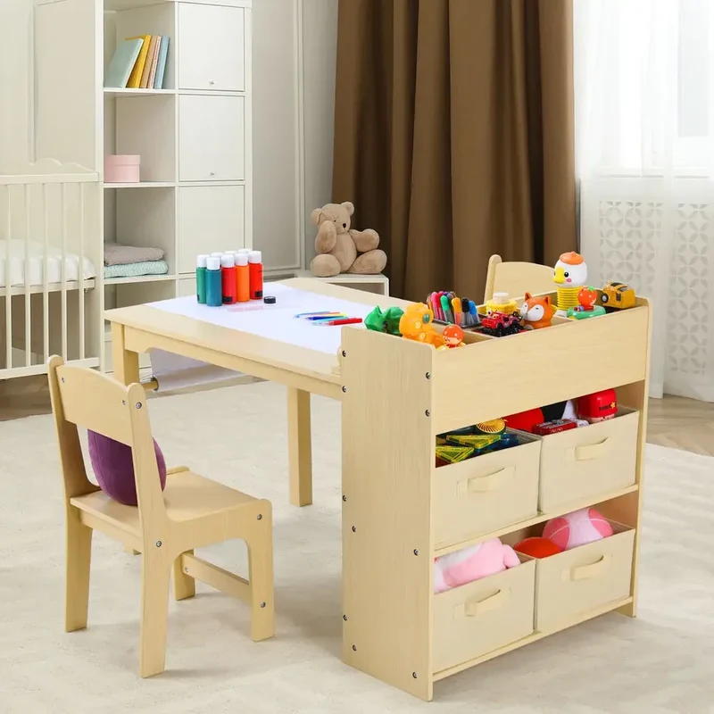 Kinderkunsttafel En Stoelen Set – Knutseltafel – Tafel Met Stoelen – Creatieve Speeltafel – Houten Kunsttafel – Papierrolhouder – Ergonomische Stoelen