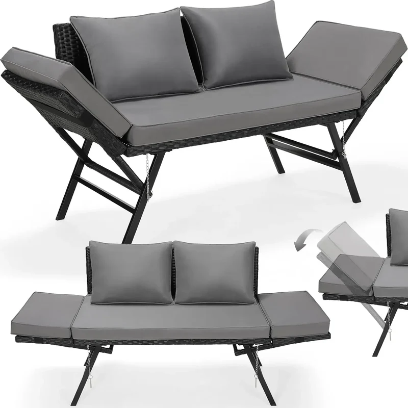 Tuinbank – Buitenbank – Ligbank – Polyrattan Bank – 2-In-1 Ligstoel – Weerbestendig – 240 Kg Draagkracht