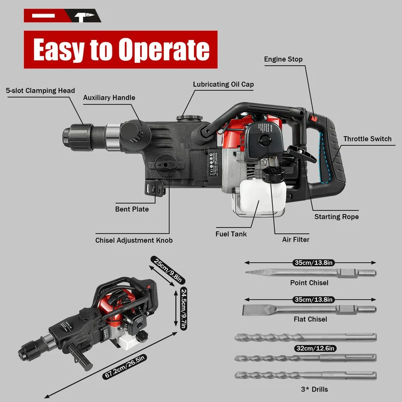 Demolition Jack Hammer – Sloophamer – Breekhamer – Betonhamer – Slaghamer – 33CC 1000W Motor – Robuust Aluminium Design