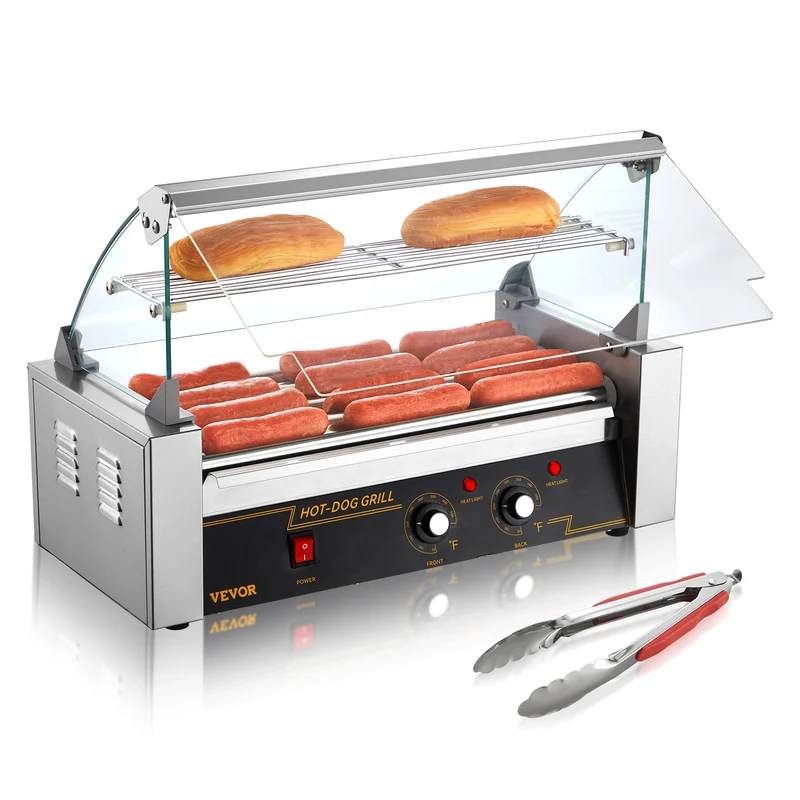 Hotdog Roller – Hotdog Grill – Worstjesbakker – Snackmaker – Hotdog Machine – 5 Non-stick Rollers – Instelbare Temperatuur 750W Roestvrij Staal
