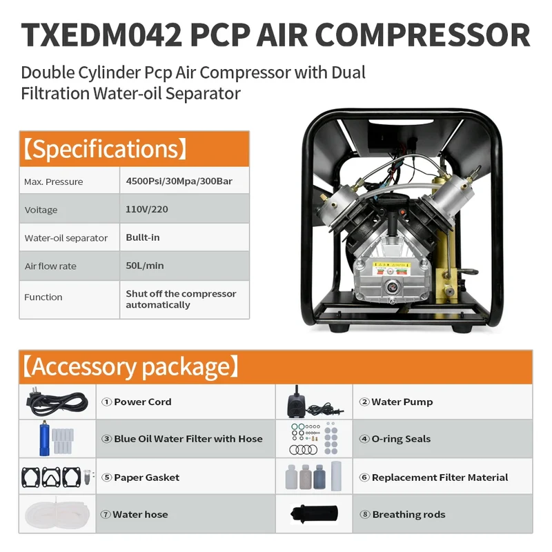 Hogedruk Compressor – Elektrische Luchtpomp – Duiktank Vuller – PCP Compressor – 300 Bar Max Werkdruk – 2,2 kW Motor