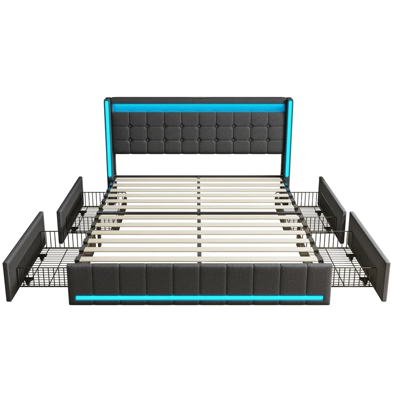 Bedkast – Bed Met Opbergruimte – Bed Met Lade – Bed Met USB – Bed Met Stopcontact – Led-Verlichting – Robuuste Houten Constructie - 160 x 200 cm - Donkergrijs