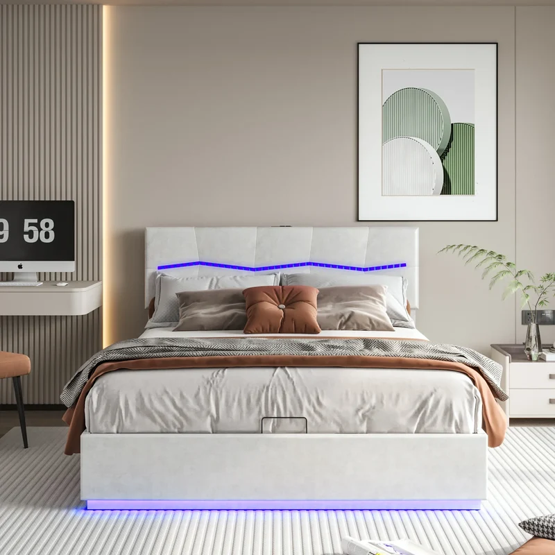 Opbergbed – Tweepersoonsbed – Gestoffeerd Bed – Hydraulisch Bed – Ledverlichting – Ruime Opbergruimte – PU-Leren Hoofdbord