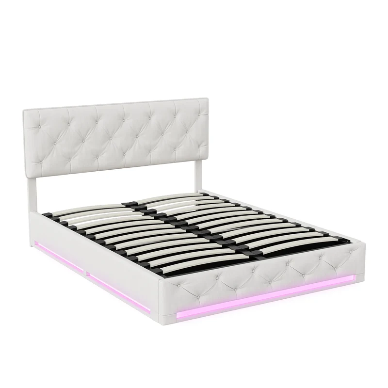 Opbergbed – Boxspringbed – Bed Met Opbergruimte – Hydraulisch Bed – Verstelbaar Hoofdbord – Linnen Bekleding – LED-Verlichting - 140 x 200 cm