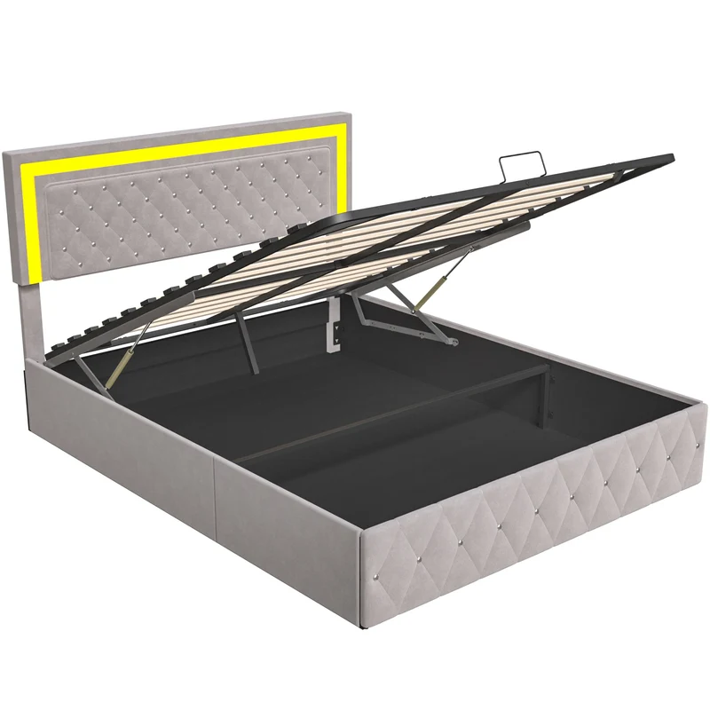 Velvet Bedombouw – Bedframe – Bed – Slaapbank – Bedkast – Hydraulische Opbergruimte – Houten Lattenbodem – LED-Verlichting - Ivoor - 140 x 200 cm