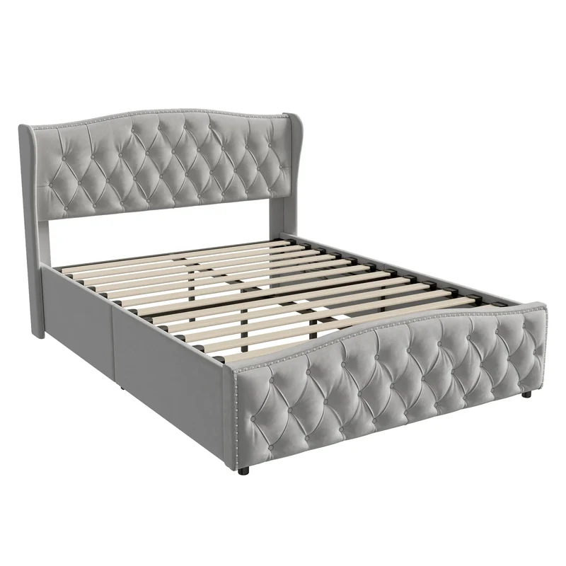 Velvet Bed – Slaapbed – Opbergbed – Bed Met Laden – Scandinavisch Bed – Ruime Opberglade – Stevig Houten Frame - Lichtgrijs - 140 x 200 cm