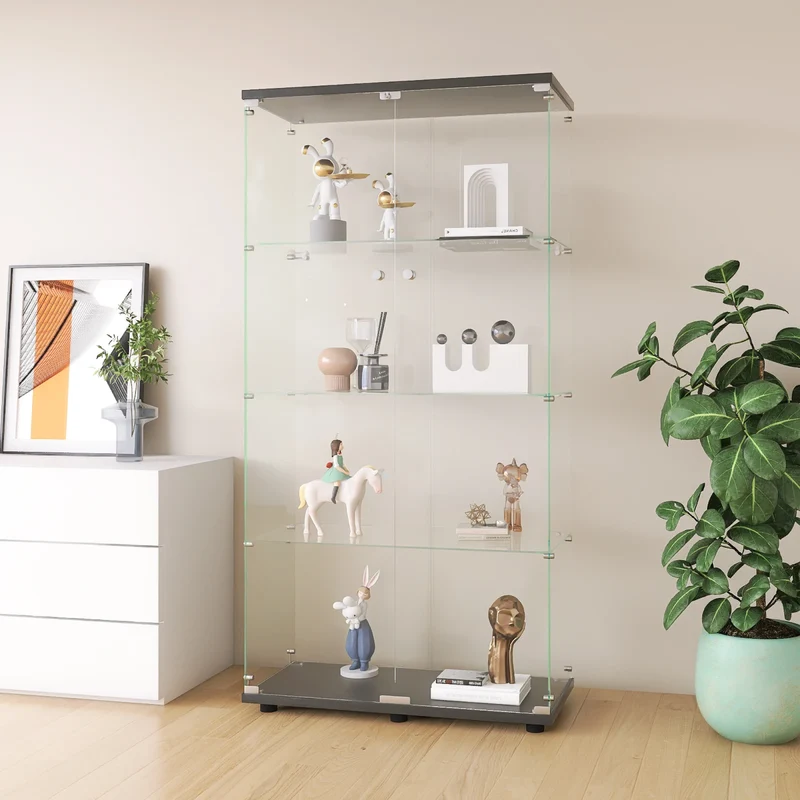 Glazen Vitrinekastje – Displaykast – Showkast – Collectiekast – Stijlvol – Geharde Glas – Zwart Metalen Frame - 81 x 36 x 164 cm