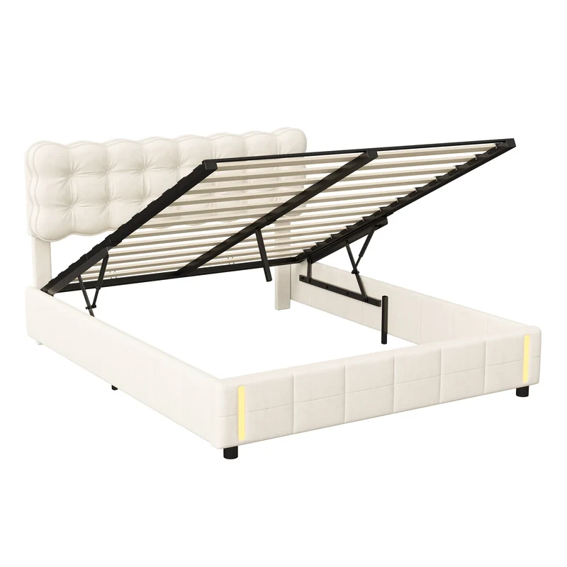 Bedframe – Gestoffeerd Bed – Velvet Bed – Opbergbed – Hydraulisch Liftbaar – Instelbare LED-Verlichting – Hout Metaal MDF - 140 x 200 cm