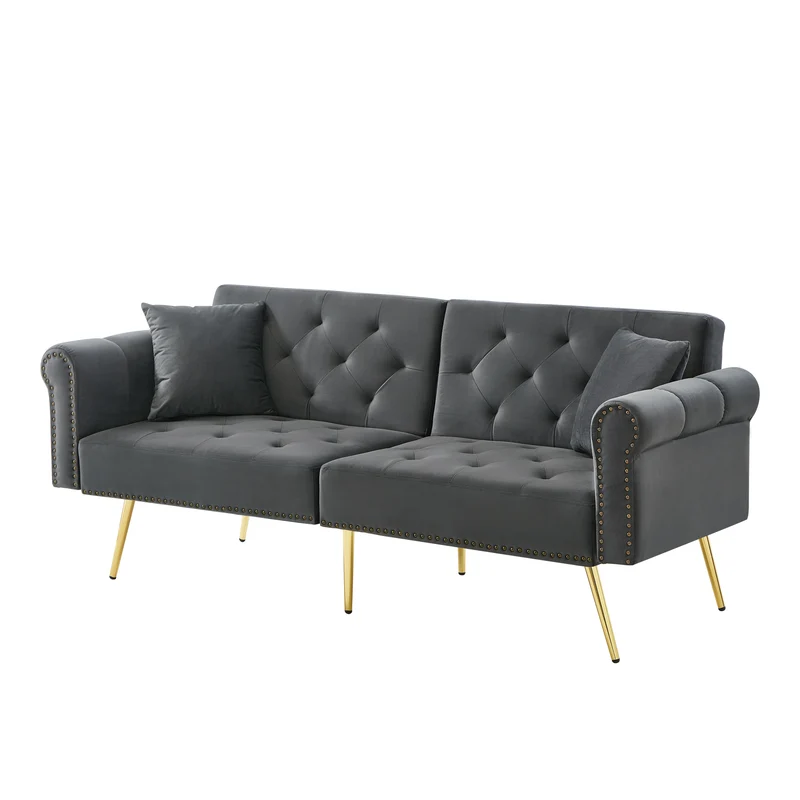 2-Zitsbank – Sofa Bed – Velours Bank – Slaapbank – Loungebank – Verstelbare Rugleuning – Gouden Metalen Poten