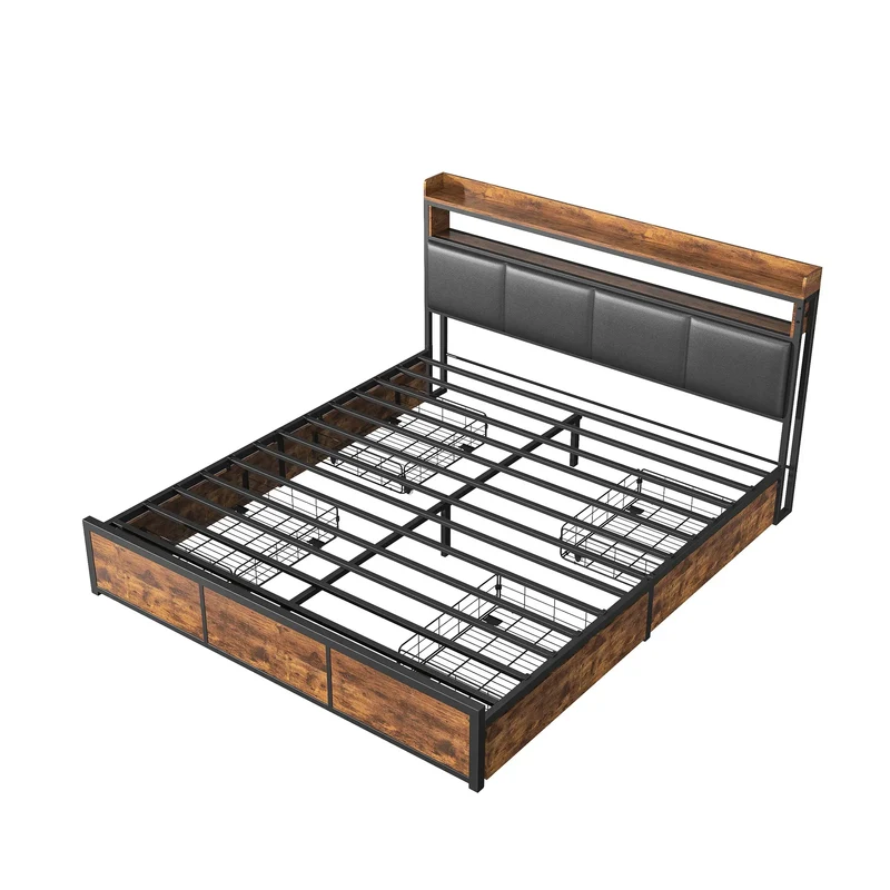 Bed – Opbergbed – Led Bed – Slaapbed – Met PU-Leer Hoofdbord – Vier Lades – Met Verstelbare LED-Verlichting