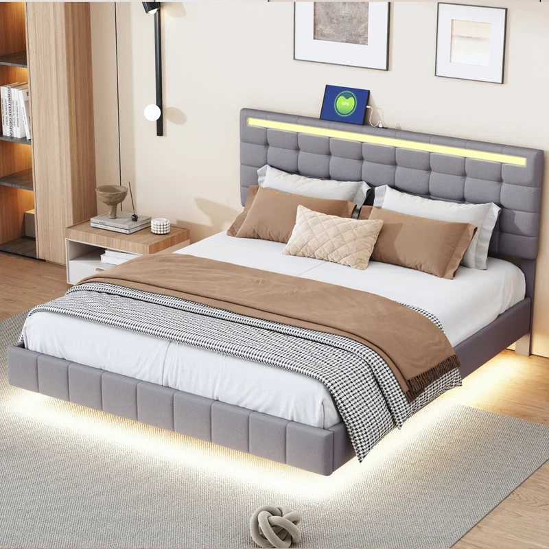 Bedframe – Bed – Tweepersoonsbed – Boxspring – Ledikant – Zwevend Ontwerp – Ingebouwde LED-Verlichting