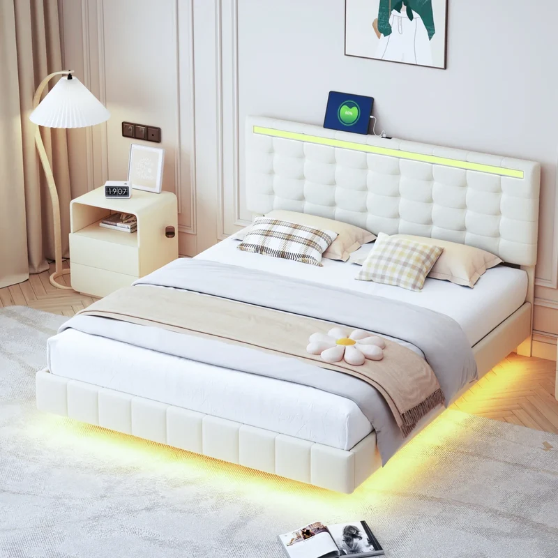 Bedframe – Bed – Tweepersoonsbed – Boxspring – Ledikant – Zwevend Ontwerp – Ingebouwde LED-Verlichting