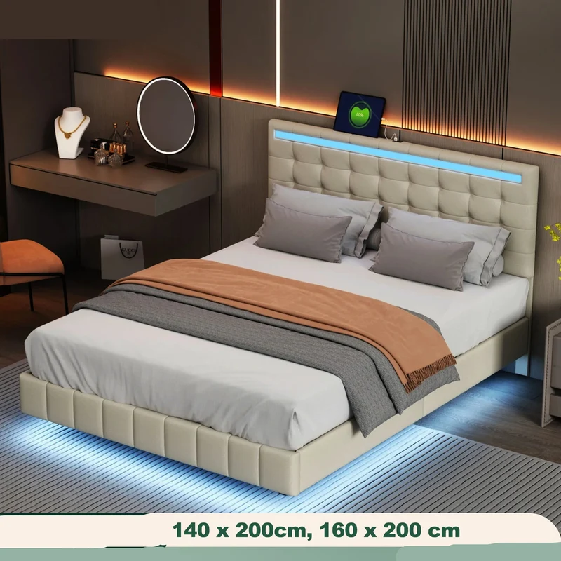 Bed – Led Bed – Modern Bed – Slaapkamer Bed – Zwevend Ontwerp – Linnen Hoofdbord – Ingebouwde Led-verlichting