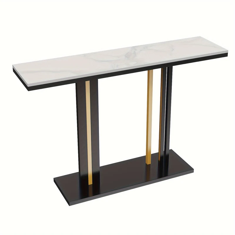Sidetable – Haltafel – Console Table – Wandtafel – Bijzettafel – Smal Hoog Design – Witte Gesinterde Steen Marmerlook – Zwart Goud Metaal – 118x30x78 cm – Max 30 kg Draagvermogen